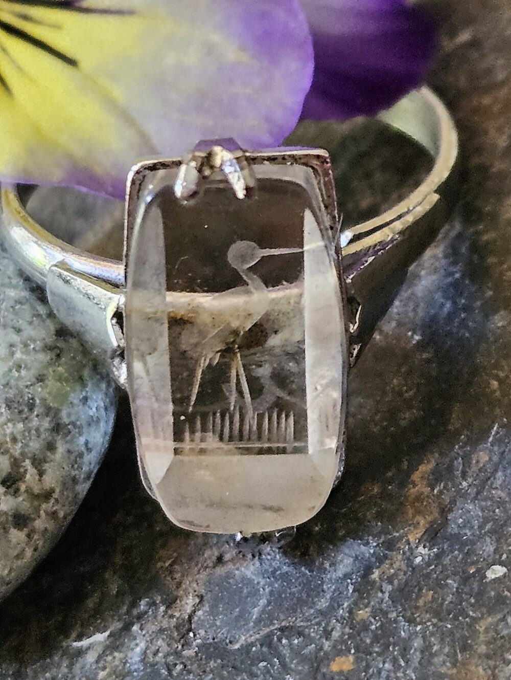 Sterling Silver Quartz Ring Intaglio Carved Crane Bird Stone.